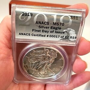 2019 S ANACS MS70 Silver Eagle First Day of Issue Boxed w/ Certificate